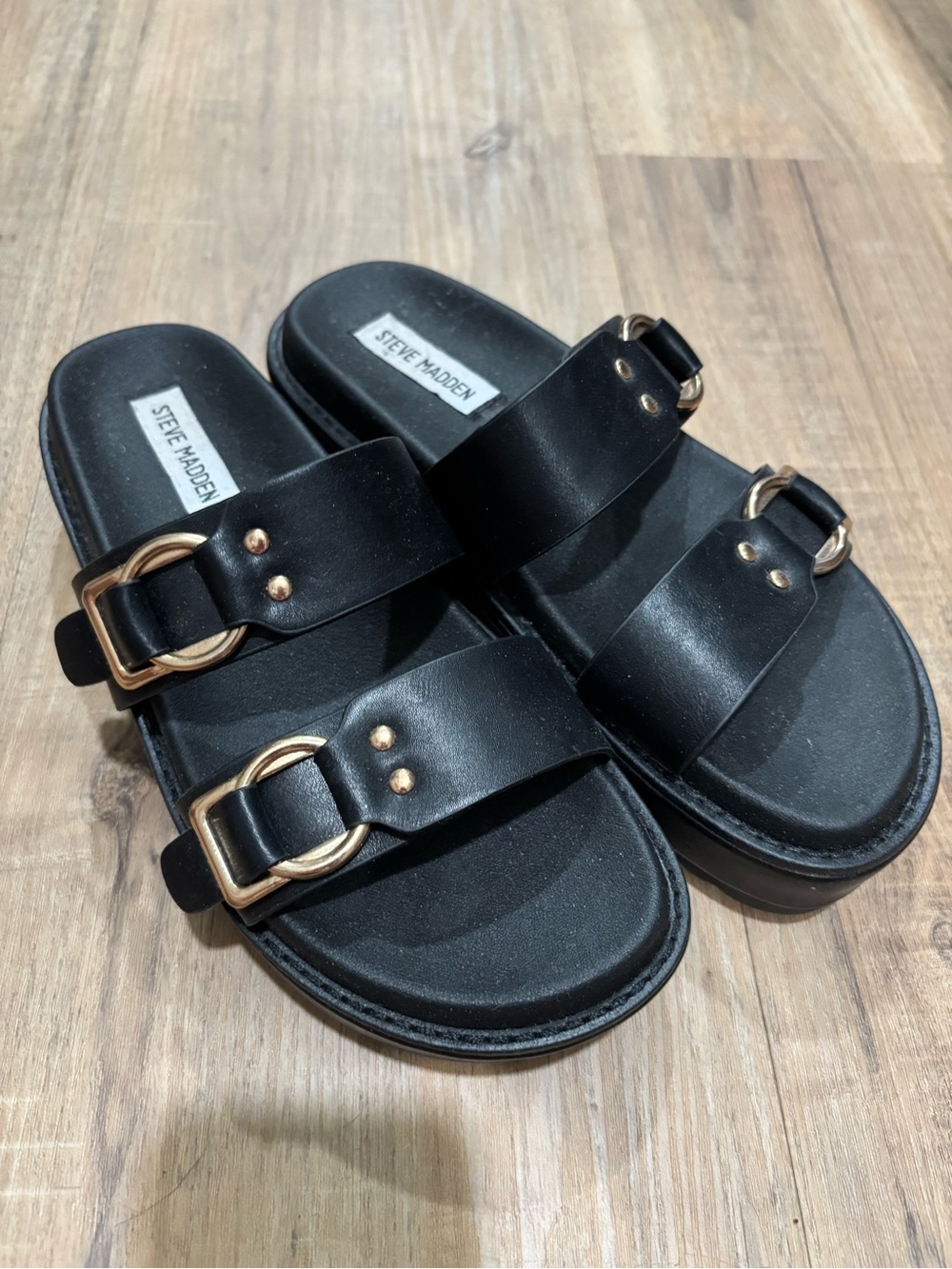 Steve Madden Black Platform Slide Sandals with Gold Buckles - Picture 2 of 3